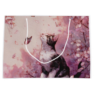Cherry Blossom Cat and Butterflies (2) Large Gift Bag