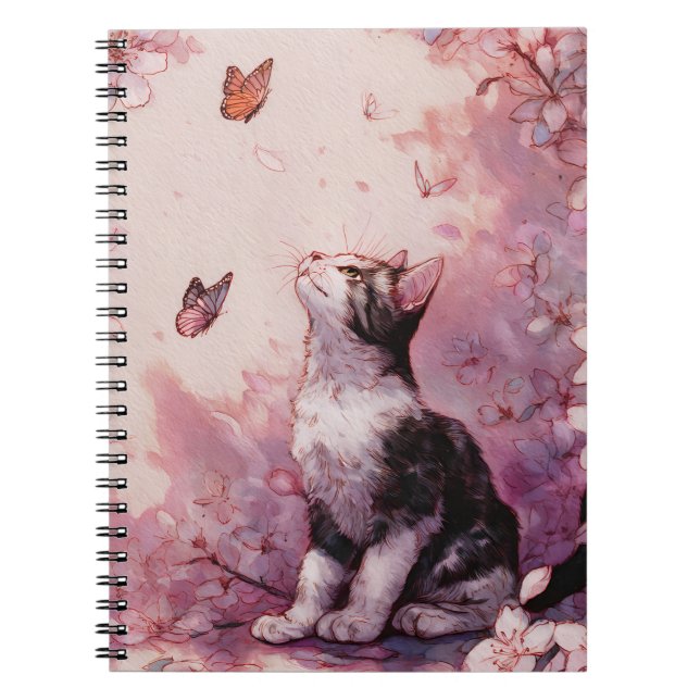 Cherry Blossom Cat and Butterflies (2) Notebook (Front)