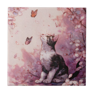 Cherry Blossom Cat and Butterflies (2) Tile