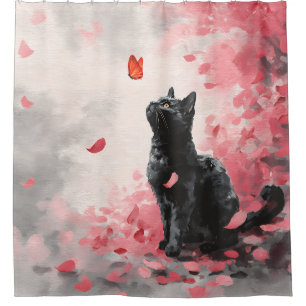 Cherry Blossom Cat and Butterflies (3) Shower Curtain