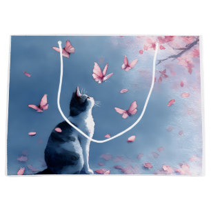 Cherry Blossom Cat and Butterflies (4) Large Gift Bag