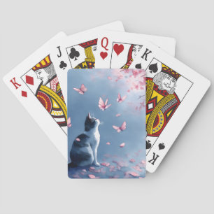 Cherry Blossom Cat and Butterflies (4) Playing Cards