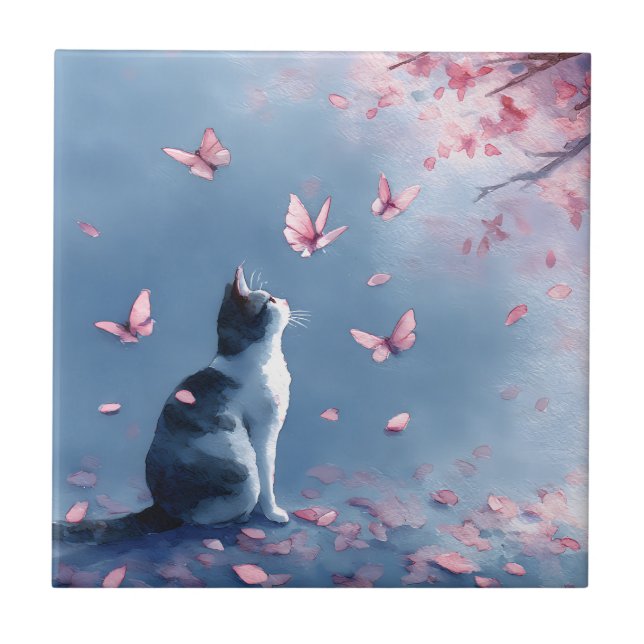 Cherry Blossom Cat and Butterflies (4) Tile (Front)