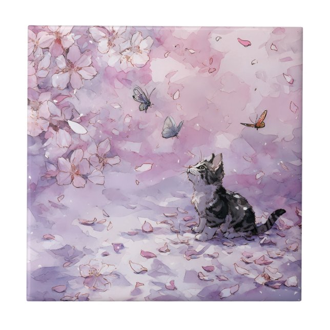 Cherry Blossom Cat and Butterflies (5) Tile (Front)