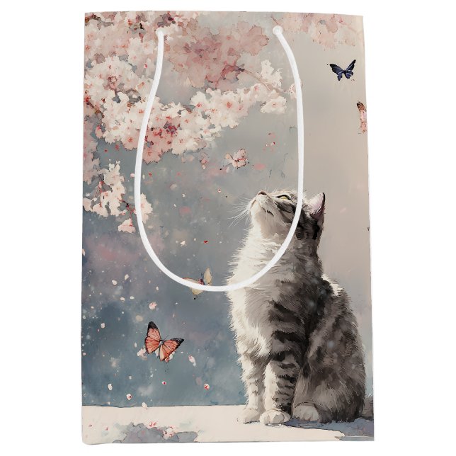 Cherry Blossom Cat and Butterflies (6) Medium Gift Bag (Front)