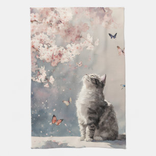 Cherry Blossom Cat and Butterflies (6) Tea Towel