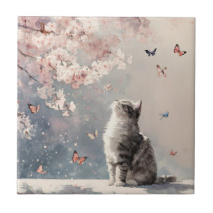 Cherry Blossom Cat and Butterflies (6) Tile