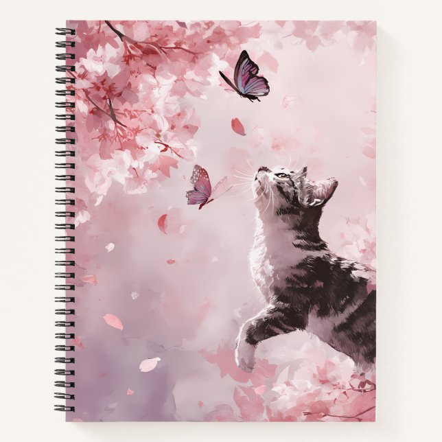 Cherry Blossom Cat and Butterflies (7) Notebook (Front)