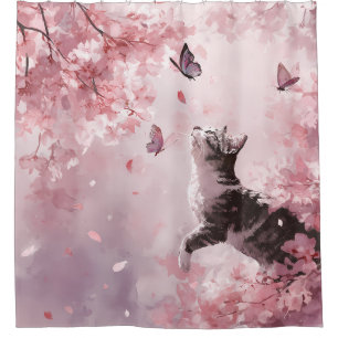 Cherry Blossom Cat and Butterflies (7) Shower Curtain