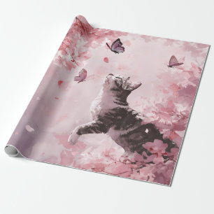 Cherry Blossom Cat and Butterflies (7) Wrapping Paper