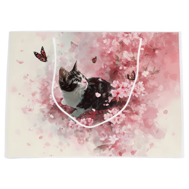 Cherry Blossom Cat and Butterflies (8) Large Gift Bag (Front)