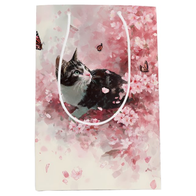 Cherry Blossom Cat and Butterflies (8) Medium Gift Bag (Front)