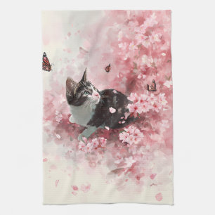 Cherry Blossom Cat and Butterflies (8) Tea Towel