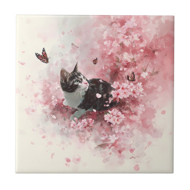 Cherry Blossom Cat and Butterflies (8) Tile (Front)