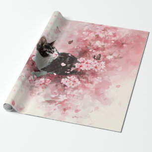 Cherry Blossom Cat and Butterflies (8) Wrapping Paper