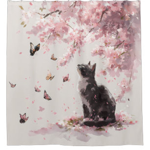 Cherry Blossom Cat and Butterflies (9) Shower Curtain