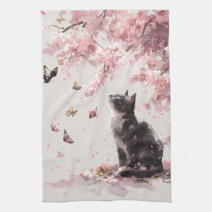 Cherry Blossom Cat and Butterflies (9) Tea Towel