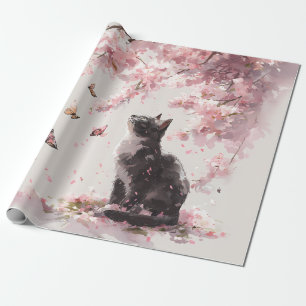 Cherry Blossom Cat and Butterflies (9) Wrapping Paper