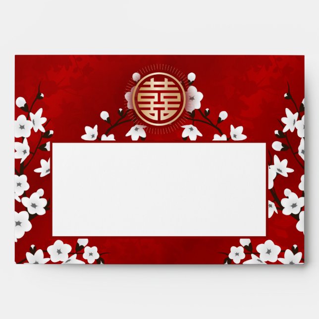 Cherry Blossom Chinese Wedding Red Gold White Envelope (Front)