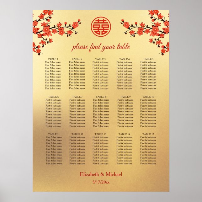 Cherry Blossom Chinese Wedding Seating Chart (Front)