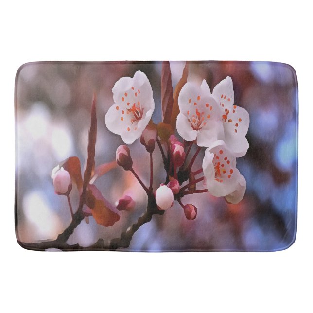 Cherry Blossom Cluster With A Pink and Blue  Bath Mat (Front)