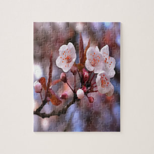 Cherry Blossom Cluster With A Pink and Blue  Jigsaw Puzzle