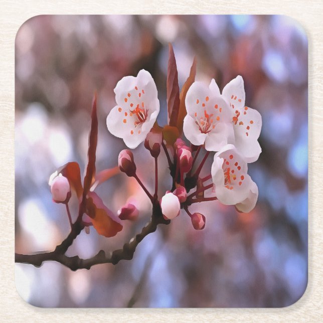 Cherry Blossom Cluster With A Pink and Blue  Square Paper Coaster (Front)