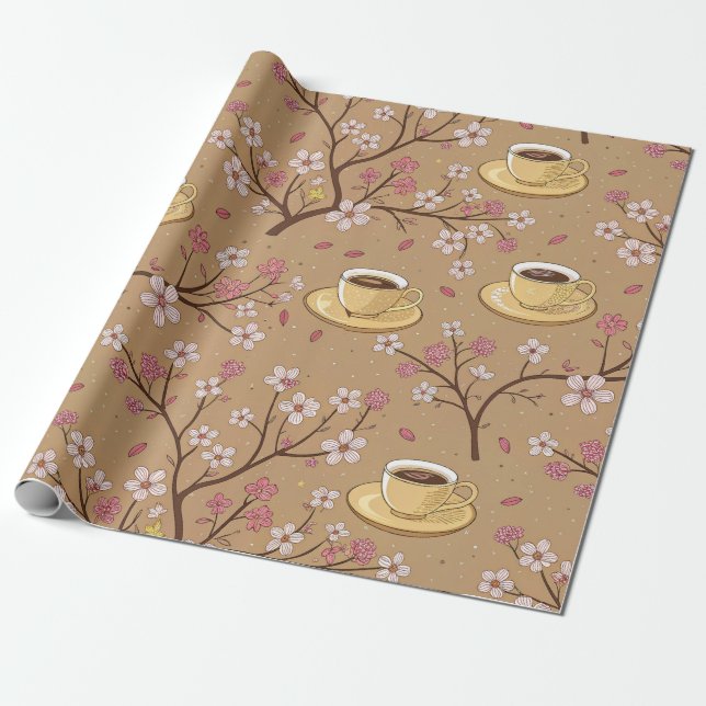 Cherry Blossom Coffee Cosy Pattern (1) Wrapping Paper (Unrolled)