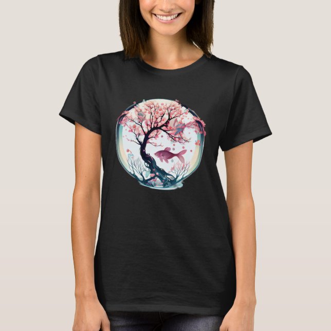 Cherry blossom coral tree with fish swimming in gl T-Shirt (Front)