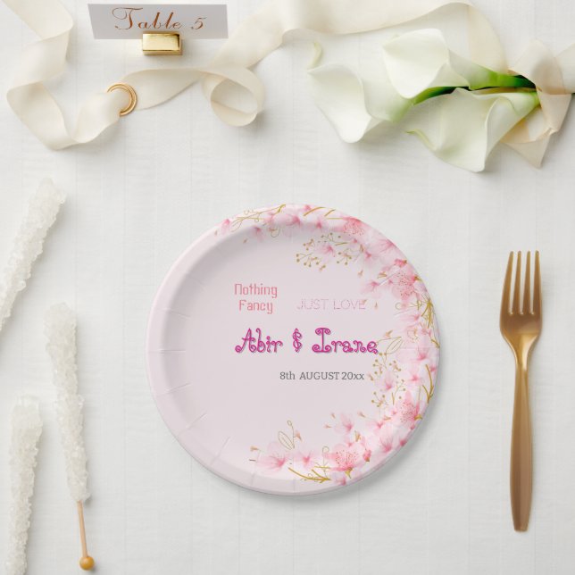 Cherry Blossom Custom Pink Personalised Elegant  Paper Plate (Wedding)