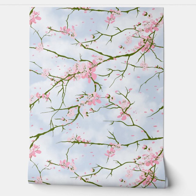 Cherry Blossom Custom Sakura Sky Blue Custom Wallpaper (Unrolling)