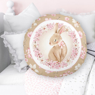 Cherry Blossom Cute Bunny Pink Beige Nursery Round Cushion