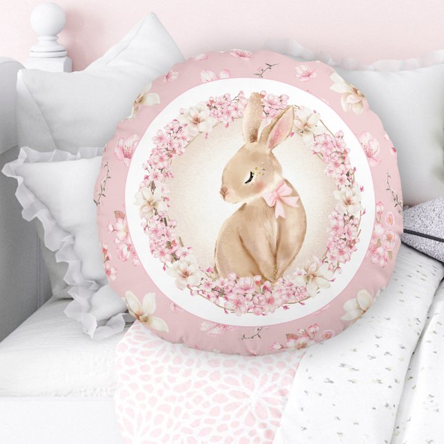 Cherry Blossom Cute Bunny Pink Nursery Round Cushion (Cherry Blossom Cute Bunny Pink Nursery Round Pillow)