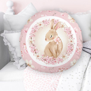 Cherry Blossom Cute Bunny Pink Nursery Round Cushion