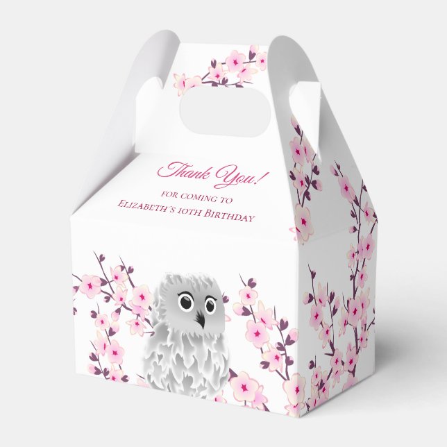 Cherry Blossom Cute Owl | Custom Kids Birthday Favour Box (Front Side)