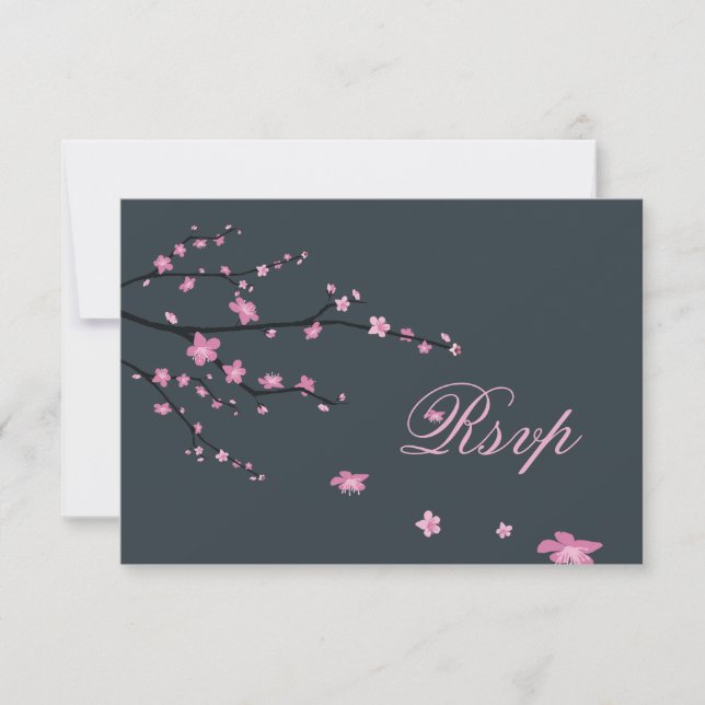 Cherry Blossom Dark RSVP Cards For Wedding (Front)