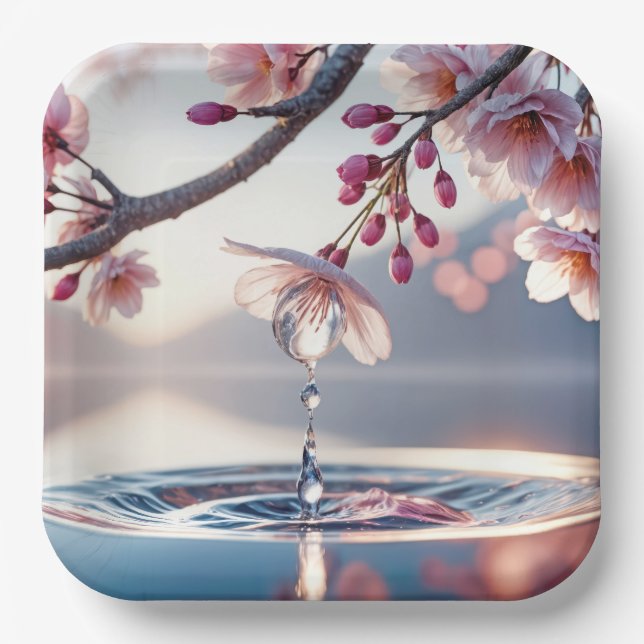 Cherry Blossom Dewdrop Paper Plate (Front)