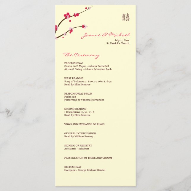 Cherry Blossom Double Happiness Wedding Program Programme (Front)