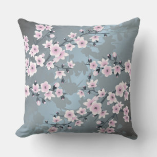 Cherry Blossom Dusky Pink Grayish Blue Floral Cushion