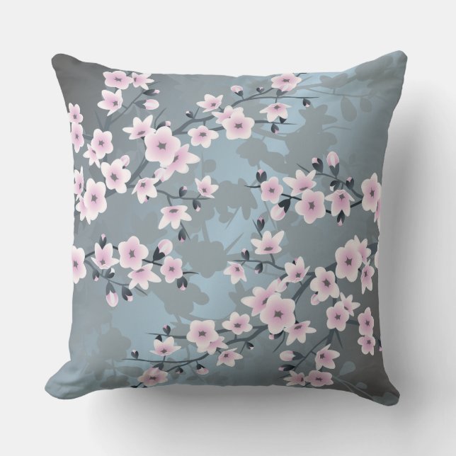Cherry Blossom Dusky Pink Grayish Blue Floral Cushion (Front)