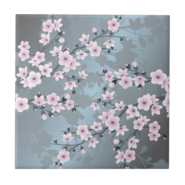 Cherry Blossom Dusky Pink Slate Blue Floral Tile (Front)