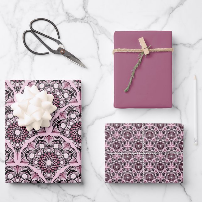 Cherry Blossom Dusky Rose Dot Mandala Art Deco Wrapping Paper Sheet (Front)