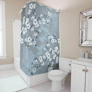 Cherry Blossom Dusty Blue Floral  Shower Curtain