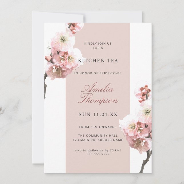 Cherry Blossom Dusty Pink Floral Kitchen Tea Invitation (Front)