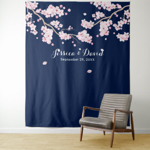 Cherry Blossom Elegant Floral Navy Blue Backdrops Tapestry