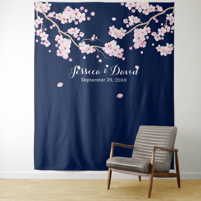 Cherry Blossom Elegant Floral Navy Blue Backdrops Tapestry (In Situ)