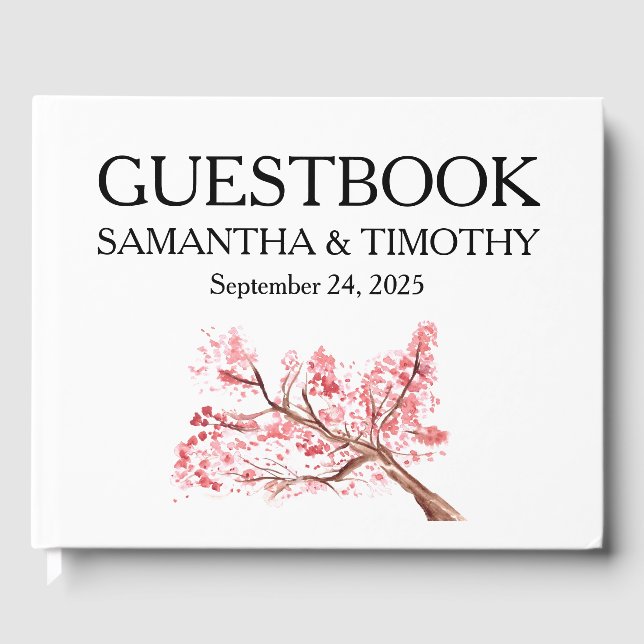 Cherry Blossom Elegant Watercolor Floral Wedding Guest Book (Front)