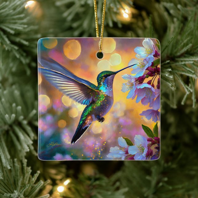 Cherry Blossom Fantasy Hummingbird Ceramic Ornament (Tree)