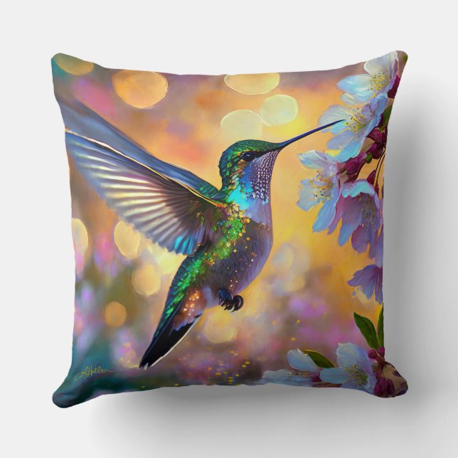 Cherry Blossom Fantasy Hummingbird Cushion (Back)