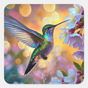 Cherry Blossom Fantasy Hummingbird Square Sticker